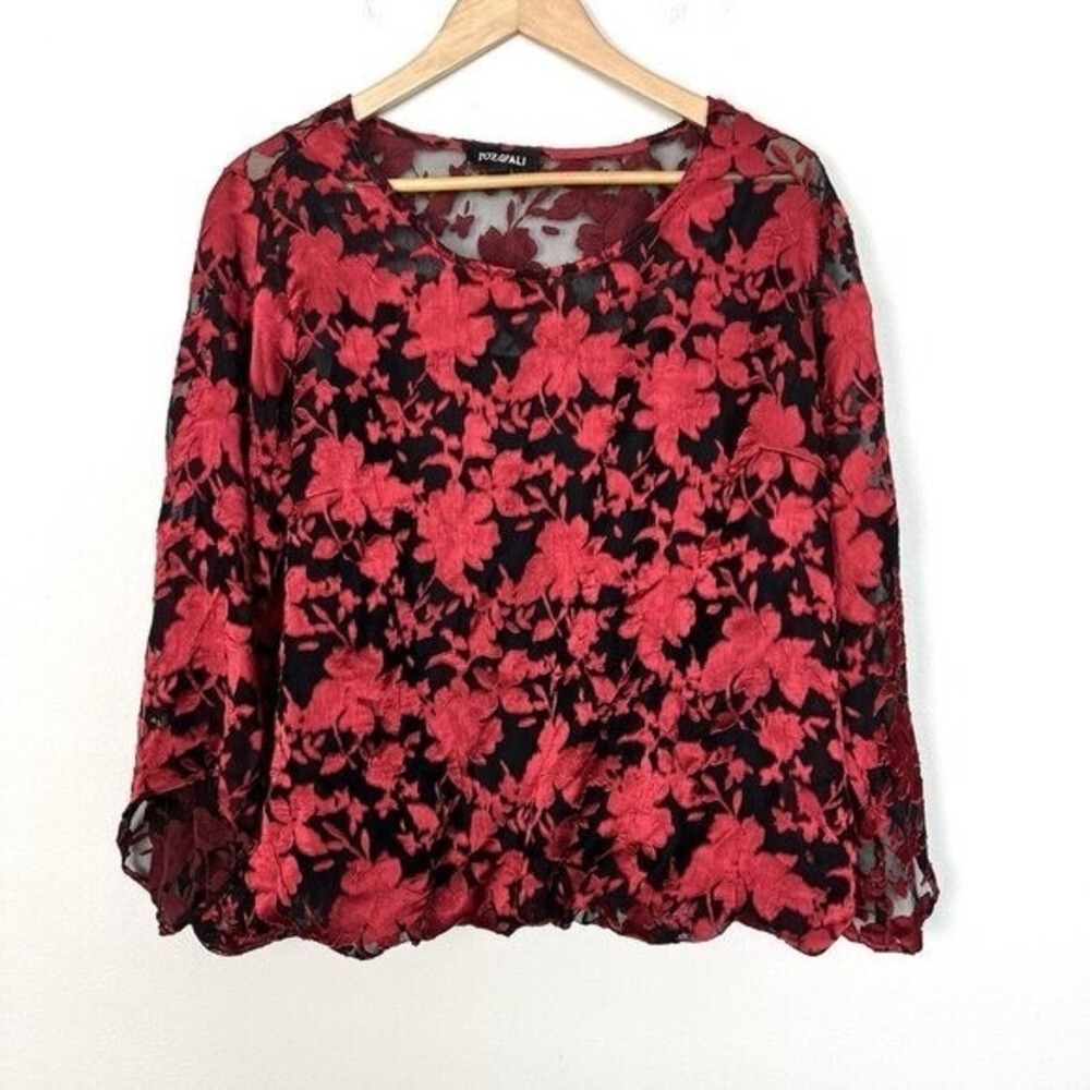 Dark Floral Burnout‎ Blouse Womens XL Gothic Whimsigoth Fairy Dark Feminine Red